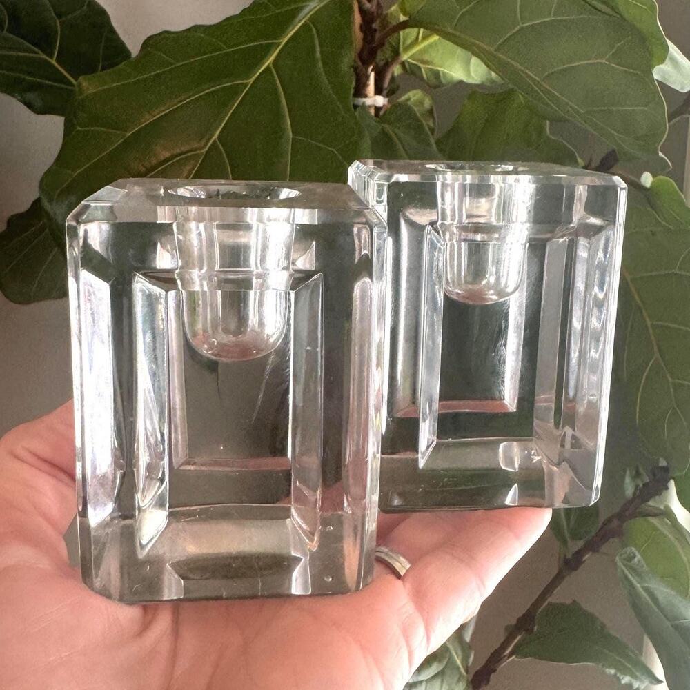 Vintage Pair MCM Art Deco Heavy Cut Crystal Block Candle Holders